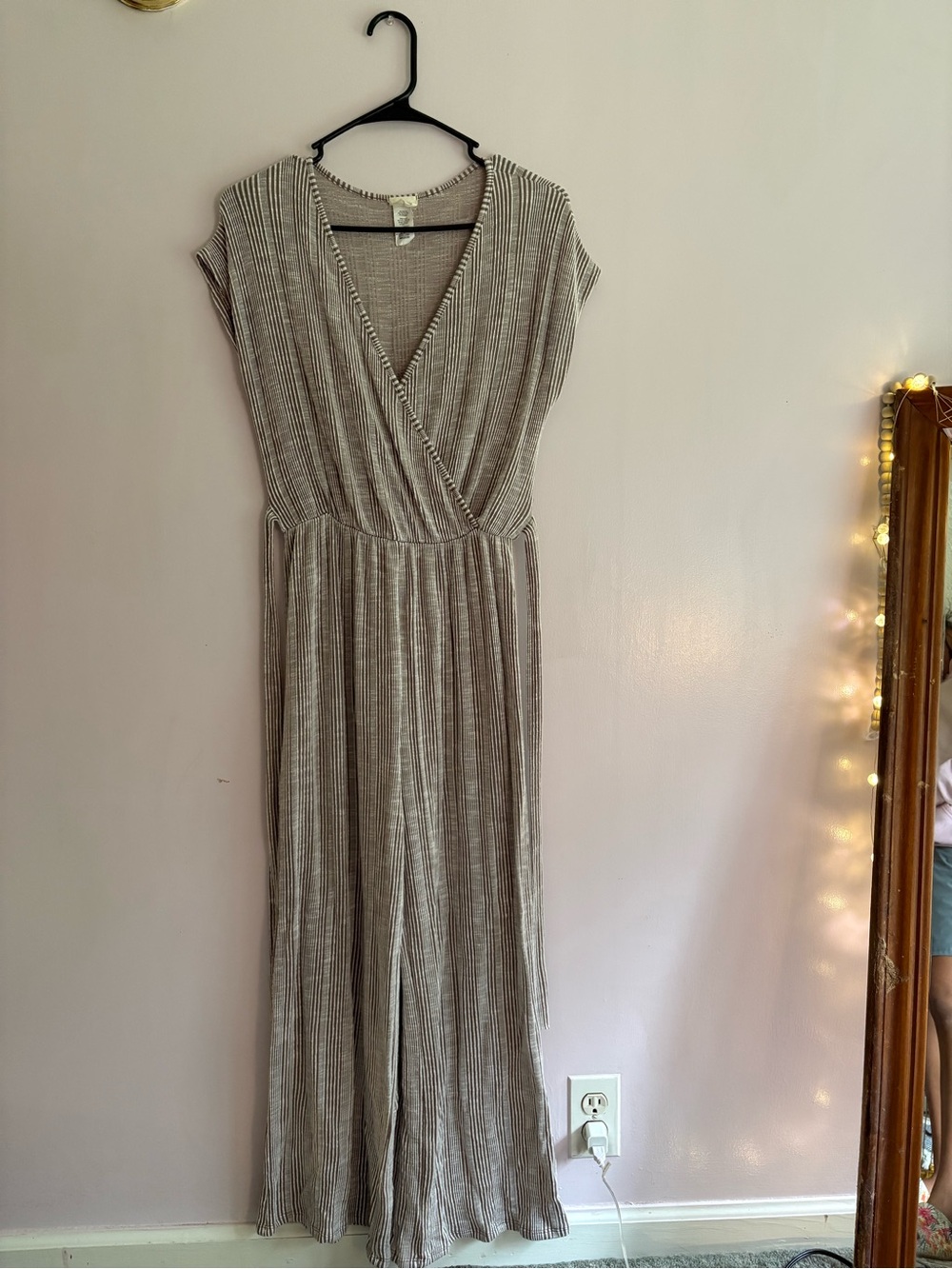 Caution To The Wind Taupe Striped Wrap Jumpsuit